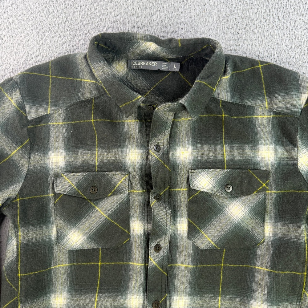 Icebreaker Merino Wool Shirt Mens L Green Yellow Plaid Flannel Long Sleeve